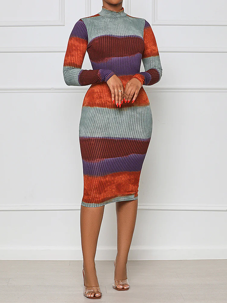 

High Elasticity Tight Stand Collar Long sleeve Geometric Midi Dress, Multicolor, Midi Dresses