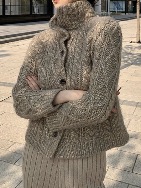 

Vintage Stand Collar Long sleeve Sweater Coat, Camel, Cardigans