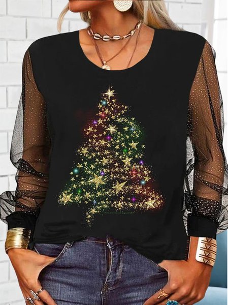

Christmas Tree Mesh Sleeves Loose Top, Black, Tops