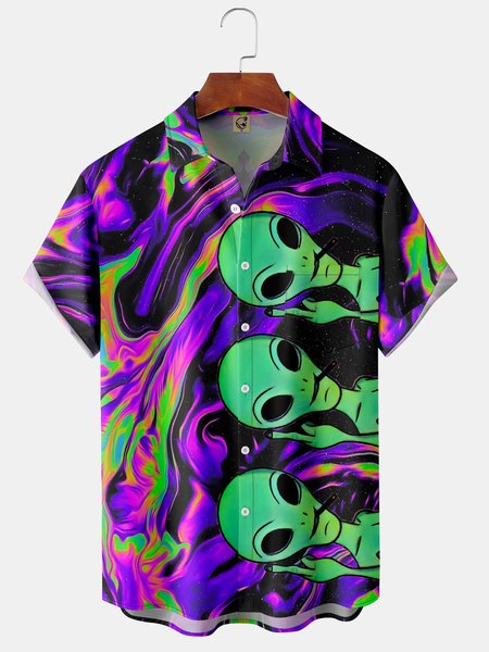 

Pop Alien Chest Pocket Short Sleeve Casual Shirt, Purple, Men Shirts