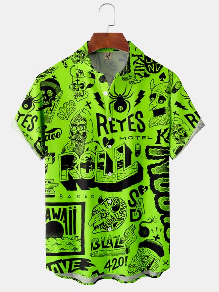 

Rock Roll Skull Chest Pocket Short Sleeve Casual Shirt, Green, Men Shirts