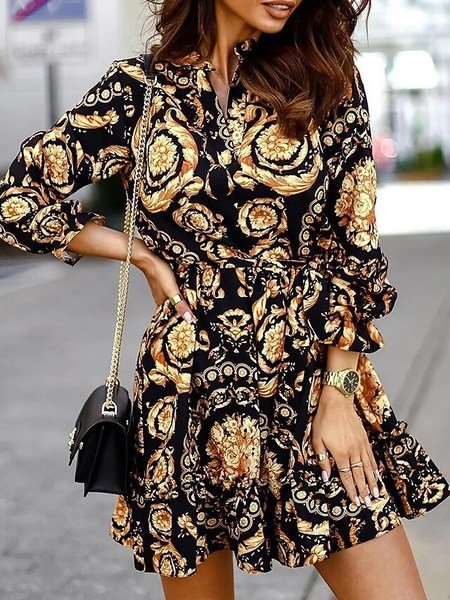 

Loose Ethnic V Neck Dresses, Black-gold, Mini Dresses