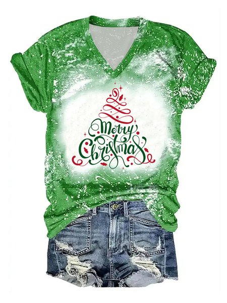 

Women Christmas Tree Cotton-Blend V Neck T-Shirt, Green, T-shirts