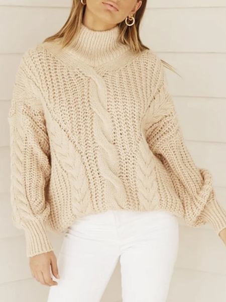 

High Elasticity Loose Urban Stand Collar Long sleeve Sweater, Apricot, Pullovers