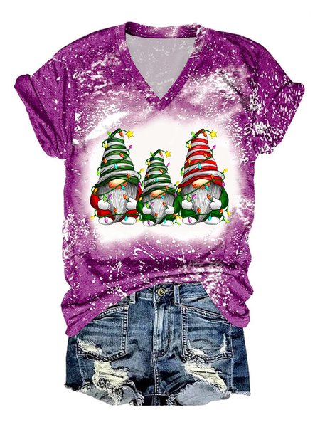 

Womens Merry Christmas Gnomes Print V Neck Cotton-Blend Loose T-Shirt, Rose red, T-shirts
