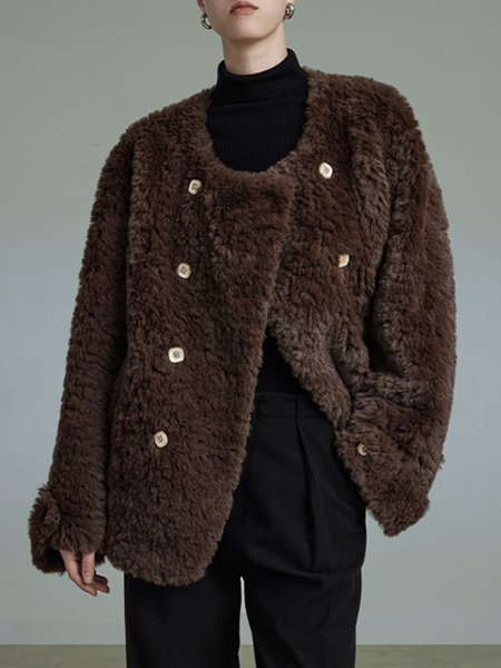 

Crew Neck Loose Plain Double Breasted Teddy Coat, Brown, Others