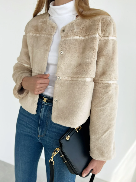 

Loose Urban Crew Neck Long sleeve Teddy Jacket, Apricot, Others