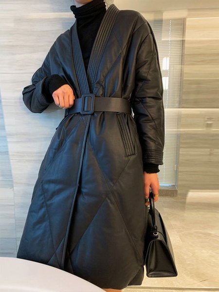

Urban Plain Long Sleeve Fleece Coat With Belt, Black, Others