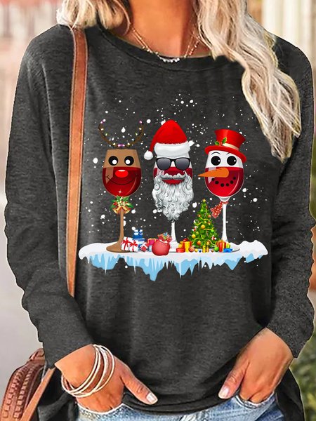 

Womens Christmas Santa Wine Print Casual Top, Gray, Long sleeves