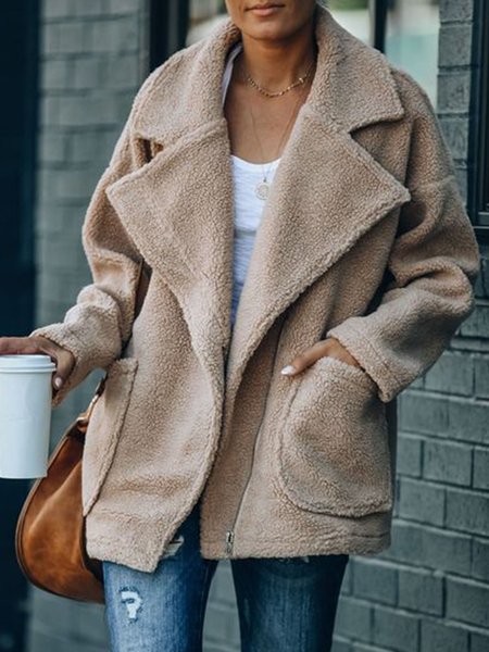 

Lapel Collar Plain Urban Pockets Teddy Coat, Khaki, Others