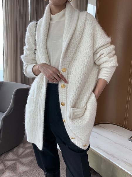 

Long sleeve Loose Plain Casual Sweater Coat, White, Cardigans