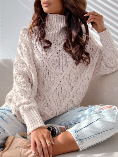 

Casual Loose Turtleneck Sweater, Beige, Sweaters