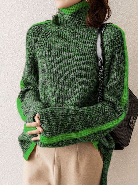 

Color Block Long sleeve Elegant Turtleneck Regular Fit Sweater, Green, Pullovers