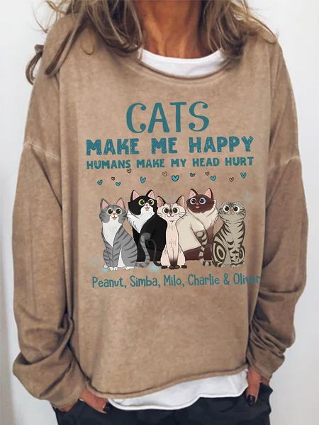 

Women's Cats Make Me Happy Humans Make Me Head Hurt Funny Cute Cat Print Crew Neck Cotton-Blend Cat Sweatshirt, Khaki, Hoodies&Sweatshirts