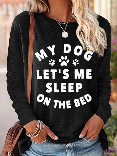 

Women's Long Sleeve Blouse Spring/Fall Dog Polyester Cotton Crew Neck Daily Going Out Casual Top, Black, Shirts