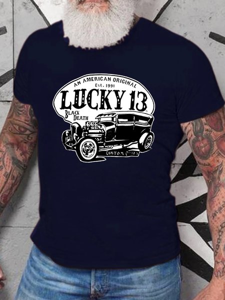 

Mens Funny Lucky 13 Graphic Print Casual Cotton Text Letters T-Shirt, Purplish blue, T-shirts
