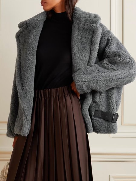 

Plain Loose Lapel Collar Teddy Coat, Gray, Coats