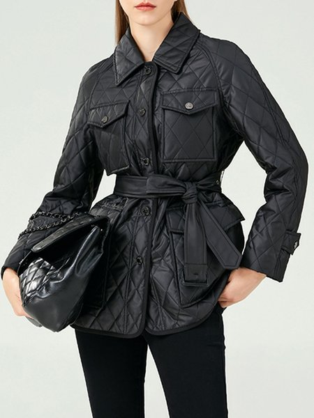 

Urban Plain Shirt Collar Fleece Coat With Belt, Black, Others