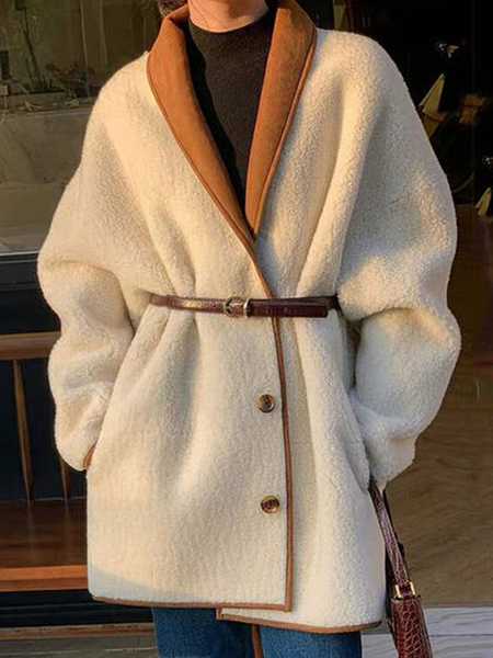 

Urban Shawl Collar Loose Long sleeve Teddy Jacket, Off white, Others