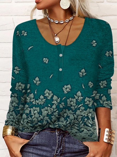 

Casual Floral Design Crew Neck Pullover Top, Green, T-Shirts