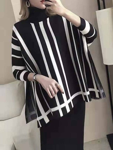 

Long sleeve Striped Elegant Turtleneck Sweater, Black, Pullovers