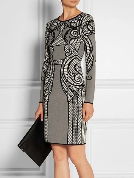 

Abstract Urban Tight Long Sleeve Midi Dress, Black-grey, Midi Dresses