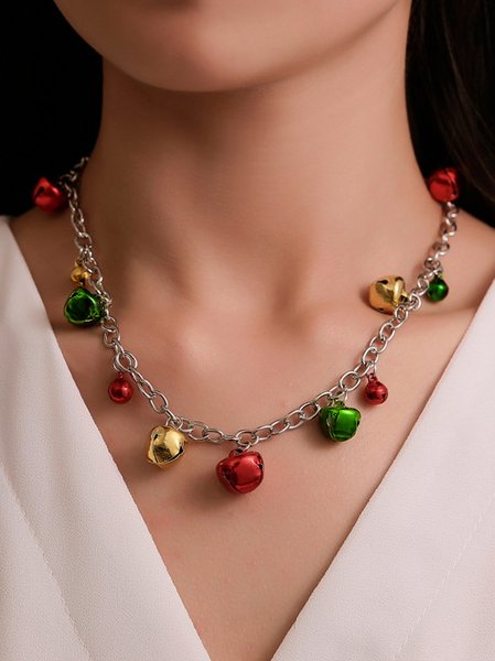 Christmas Red Green Chain Bell Pattern Necklace Christmas Party Jewelry, As picture, Necklaces