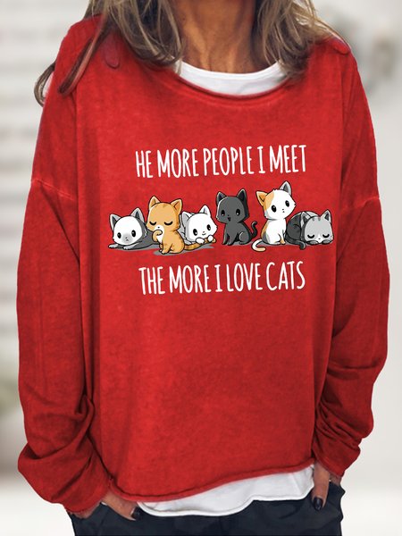 

Women's He More People I Meet The More I Love Cats Funny Text Letters Cute Cat Print Casual Sweatshirt, Red, Hoodies&Sweatshirts