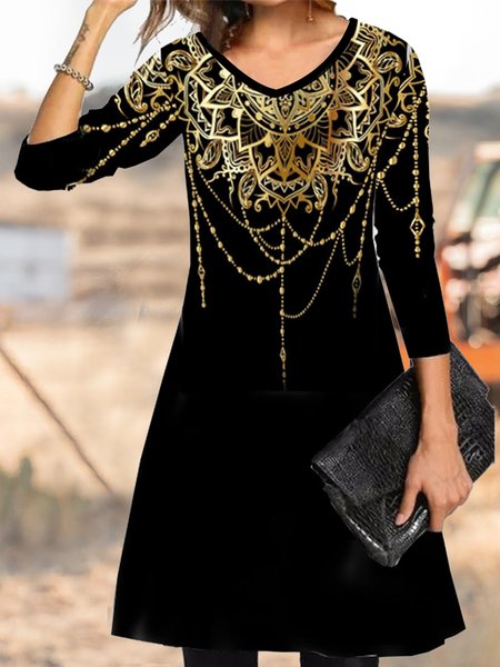 

Vintage Patterns Loose V Neck Dress, Black, Dresses
