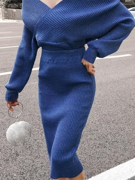 

Elegant Tight Plain Midi Skirt, Blue, Skirts