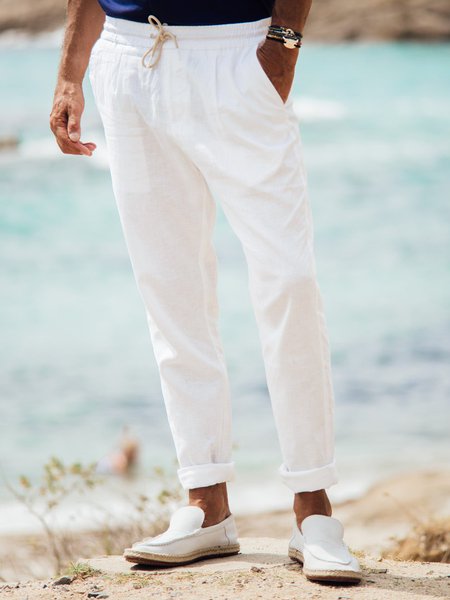 

Cotton Elastic-Waist Pants, White, Men's pants