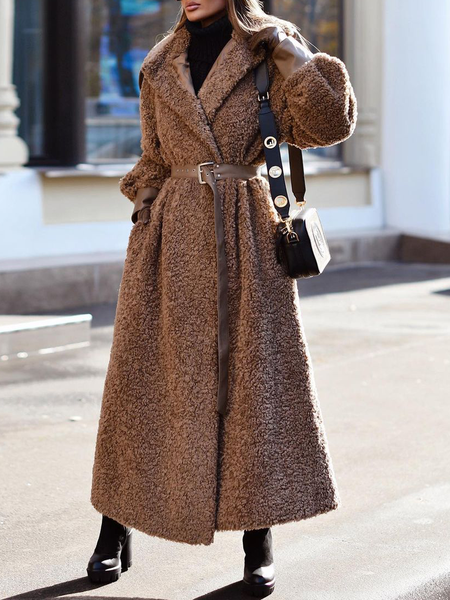 

Urban Loose Lapel Collar Long sleeve Teddy Long Jacket, Brown, Others