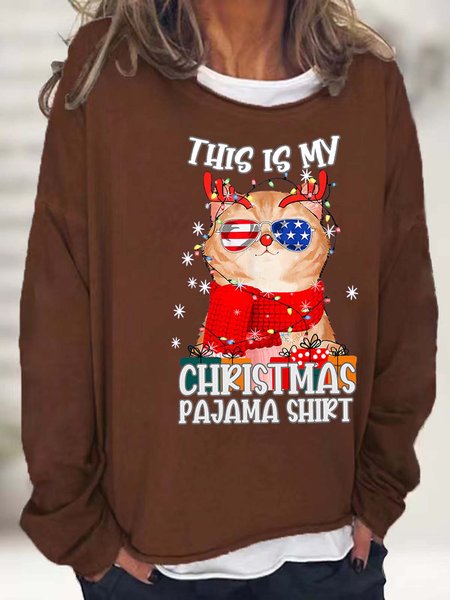 

Women Merry Christmas Cat This Is My Christmas Pajama Shirt Crew Neck Sweatshirts, Brown, Hoodies&Sweatshirts