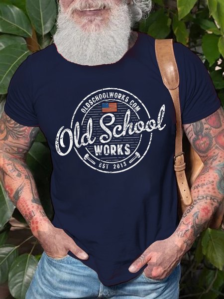 

Mens Old School Works Graphic Print Funny Loose Text Letters Cotton T-Shirt, Purplish blue, T-shirts