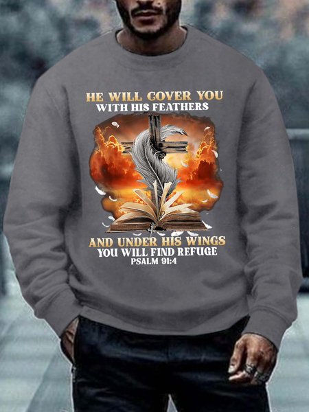 

Men He Will Cover You With His Feathers You Will Find Refuge Crew Neck Casual Sweatshirt, Gray, Hoodies&Sweatshirts