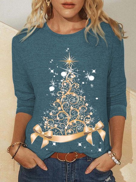 

Women's Christmas Tree Cotton-Blend Long sleeve Top, Green, Long sleeves