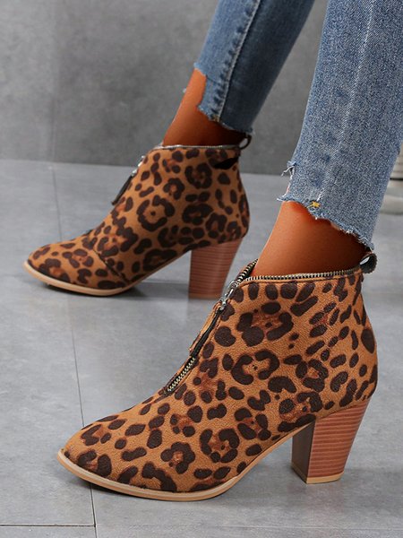 

Leopard Print Plain Faux Leather Chunky Heel Boots, Boots