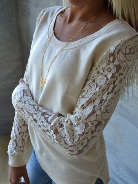 

Casual Crew Neck Plain lace Top blouses, Off white, Tops