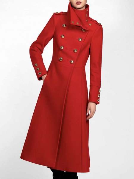 

Daily Long sleeve Elegant Plain Stand Collar Overcoat, Red, Coats