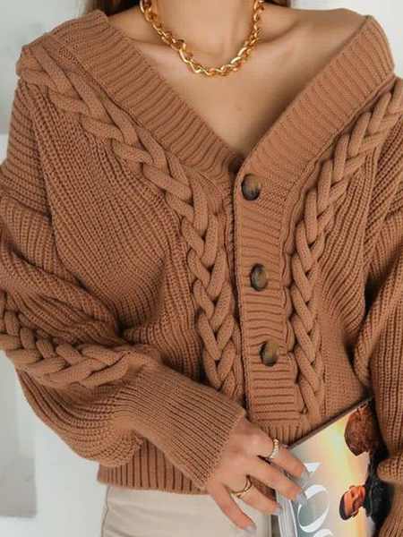 

Urban Loose Micro-Elasticity V Neck Sweater Long sleeve Coat, Brown, Cardigans