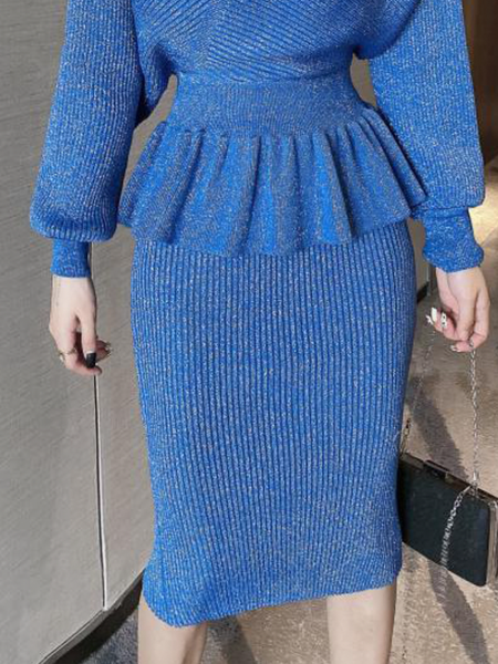 

High Elasticity Regular Fit Elegant Midi Skirt, Blue, Skirts