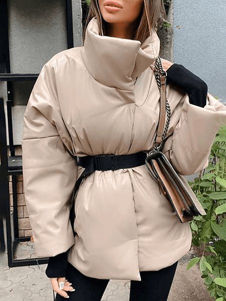 

Long sleeve Turtleneck Loose Plain Fleece Coat, Light camel, Others