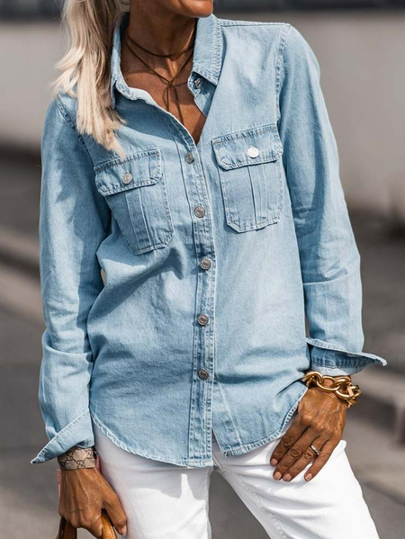 

Casual Denim Loose Blouse, Blue, Shirts & Blouses