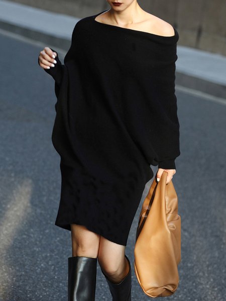 

Urban Cold Shoulder Plain Long Sleeve Dress, Black, Midi Dresses