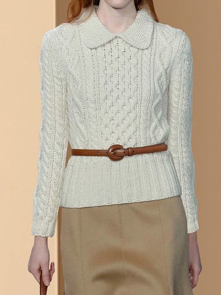 

Urban Plain Shirt Collar Long sleeve Sweater, Off white, Pullovers