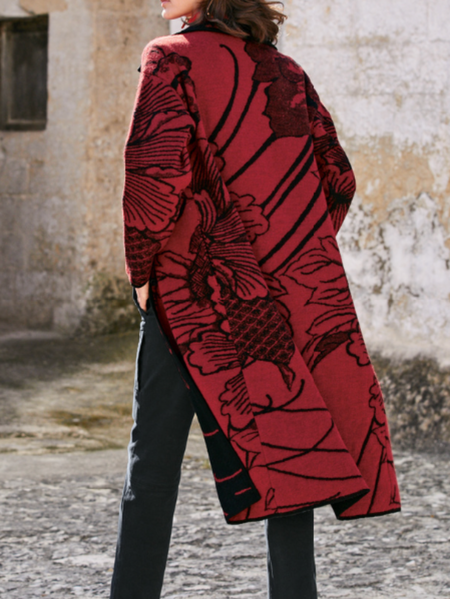 

Floral Loose Cross Neck Boho Overcoat, Red, Coats