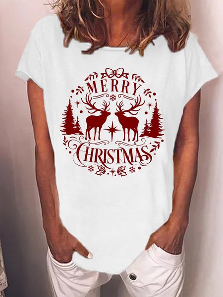 

Women's Merry Christmas Elk Print Casual Crew Neck Loose T-Shirt, White, T-shirts