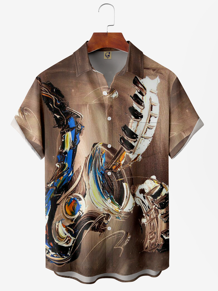 

Music Chest Pocket Short Sleeve Shirt, Khaki, Men Shirts
