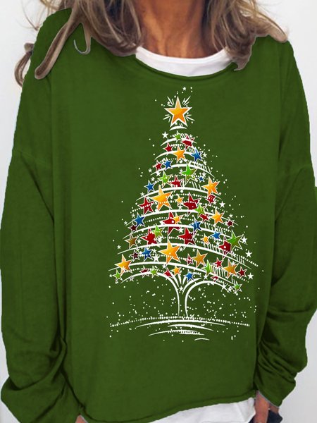 

Women Stars Decor Christmas Tree Print Crew Neck Loose Simple Sweatshirt, Green, Hoodies&Sweatshirts