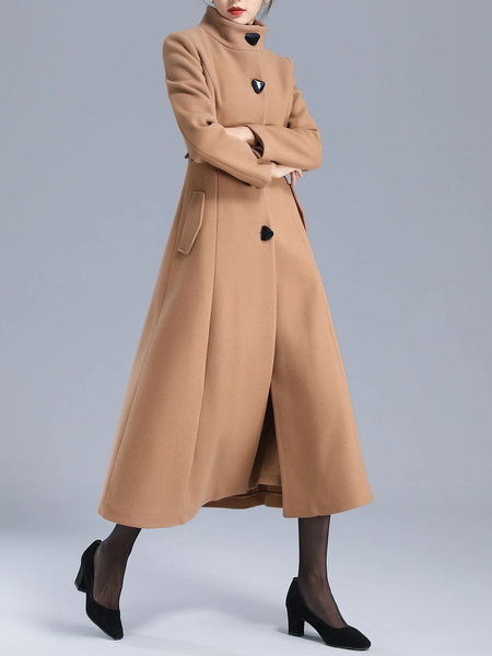 

Loose Urban Plain Stand Collar Long sleeve Long Overcoat, Khaki, Coats